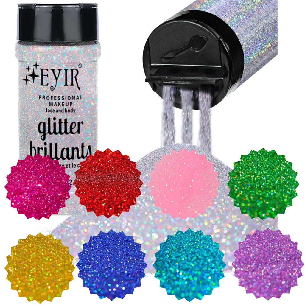 9 Colors Holographic Chunky & Fine Glitter Powder - Body, Face & Nail Art Shimmer (80g)