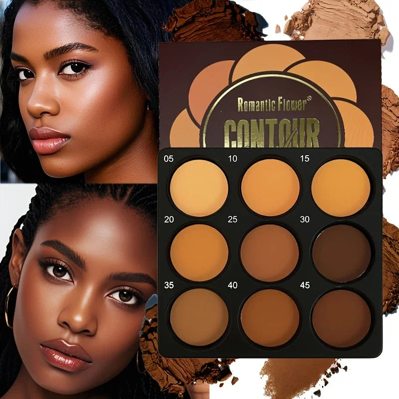 9-Color Dark Bronze Foundation & Contour Palette (Matte & Shimmer)