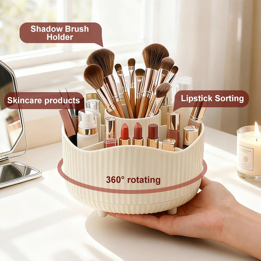 360° Rotating Makeup Organizer - Cosmetic Display Case with Brush Holder & Perfume Tray for Vanity