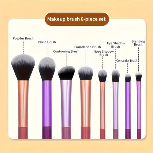 8-Piece Essential Makeup Brush Set - Soft Synthetic Bristles