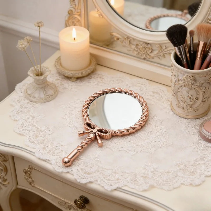 Vintage Handheld Makeup Mirror - Round European Twisted Rope Vanity Mirror for Travel & Home Decor
