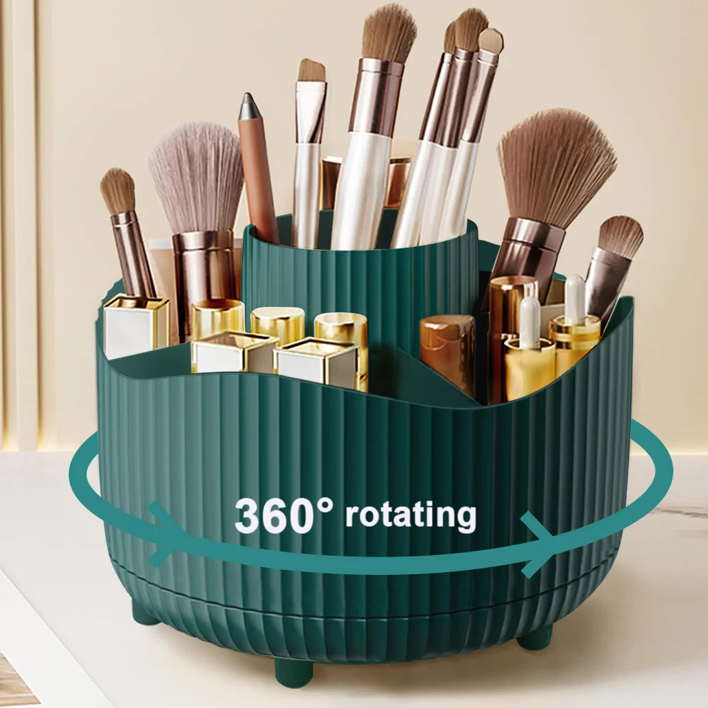 360° Rotating Makeup Organizer - Cosmetic Display Case with Brush Holder & Perfume Tray for Vanity