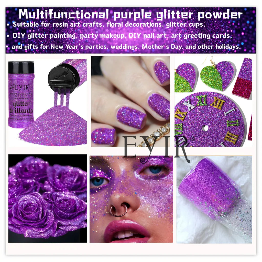 9 Colors Holographic Chunky & Fine Glitter Powder - Body, Face & Nail Art Shimmer (80g)