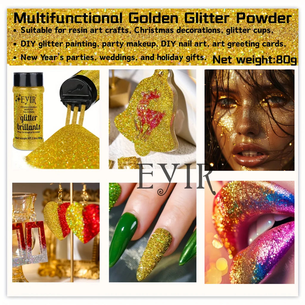 9 Colors Holographic Chunky & Fine Glitter Powder - Body, Face & Nail Art Shimmer (80g)