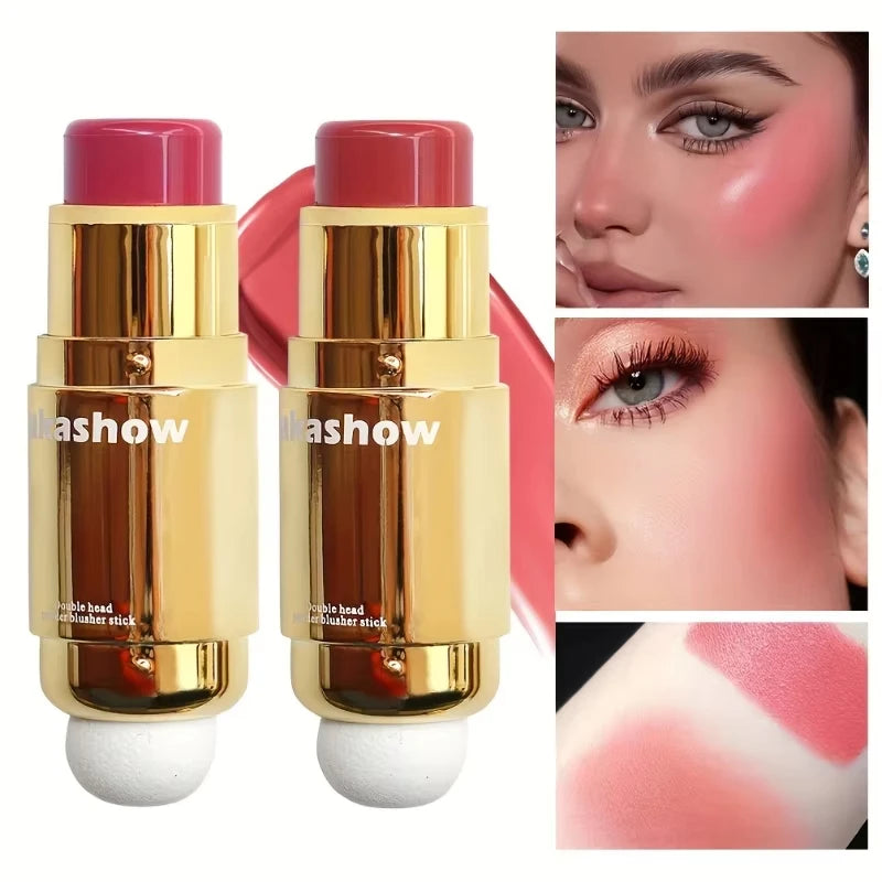 Dual-Ended Cream Blush Stick with Sponge Blender - Long-Lasting Multi-Use Cheek Tint