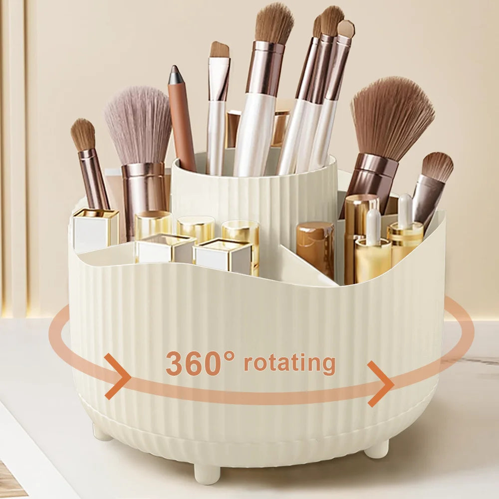360° Rotating Makeup Organizer - Cosmetic Display Case with Brush Holder & Perfume Tray for Vanity