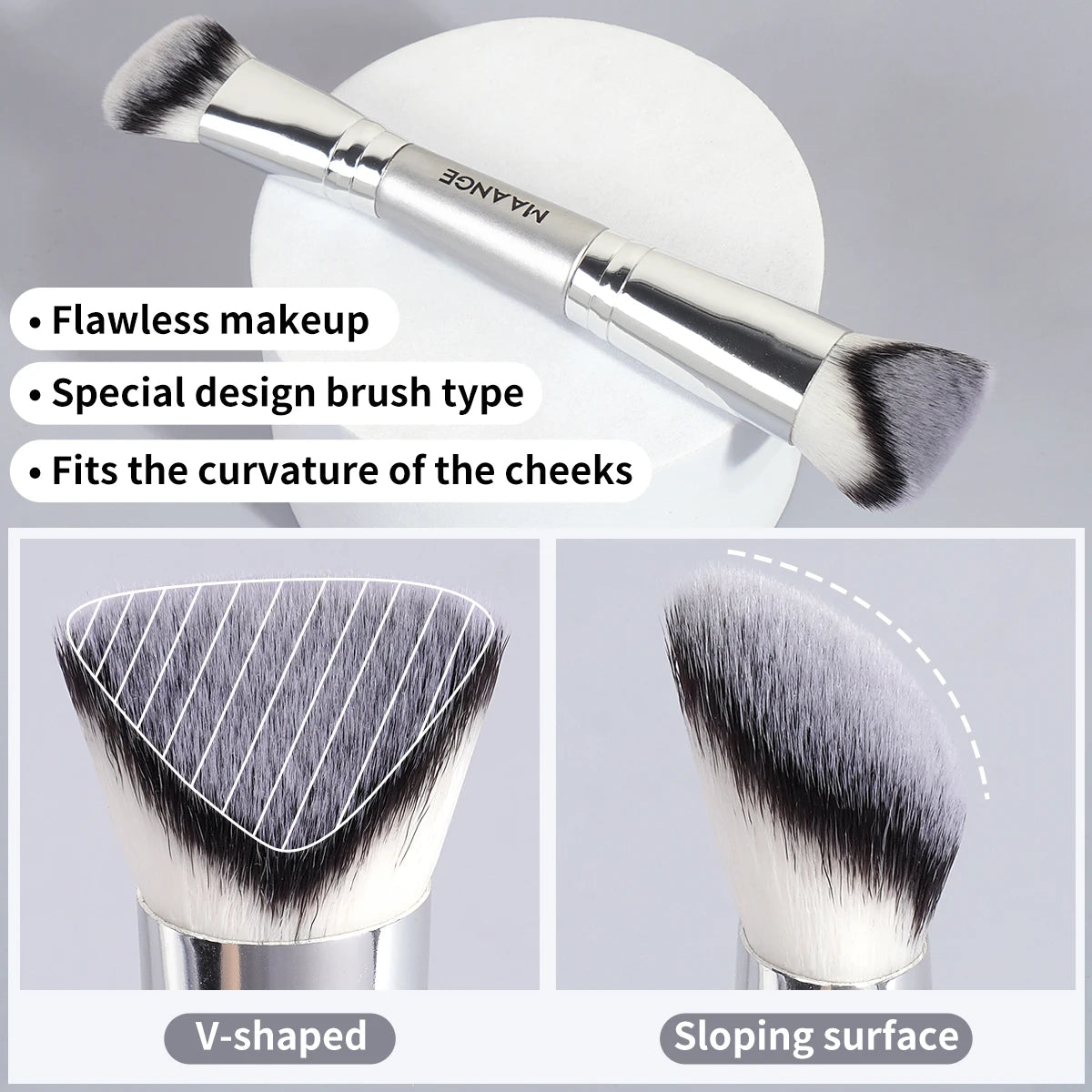 MAANGE 4pcs Makeup Brushes: 2x Dual-Ended Blush & 2x Flat Top Angled Foundation Brush Kit