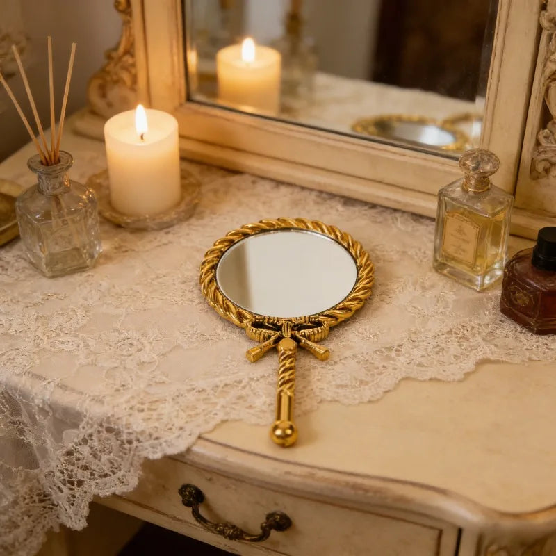 Vintage Handheld Makeup Mirror - Round European Twisted Rope Vanity Mirror for Travel & Home Decor