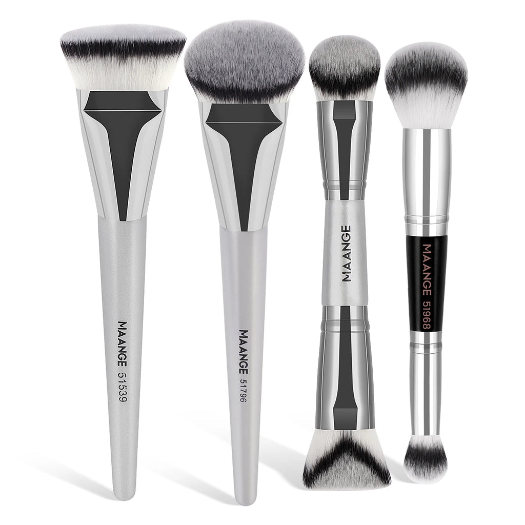 MAANGE 4pcs Makeup Brushes: 2x Dual-Ended Blush & 2x Flat Top Angled Foundation Brush Kit