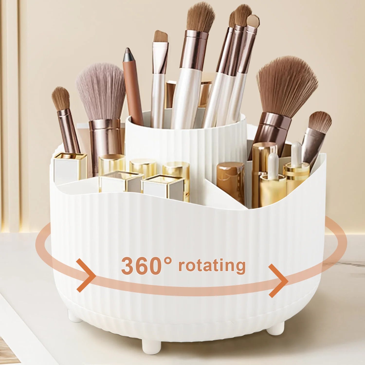 360° Rotating Makeup Organizer - Cosmetic Display Case with Brush Holder & Perfume Tray for Vanity