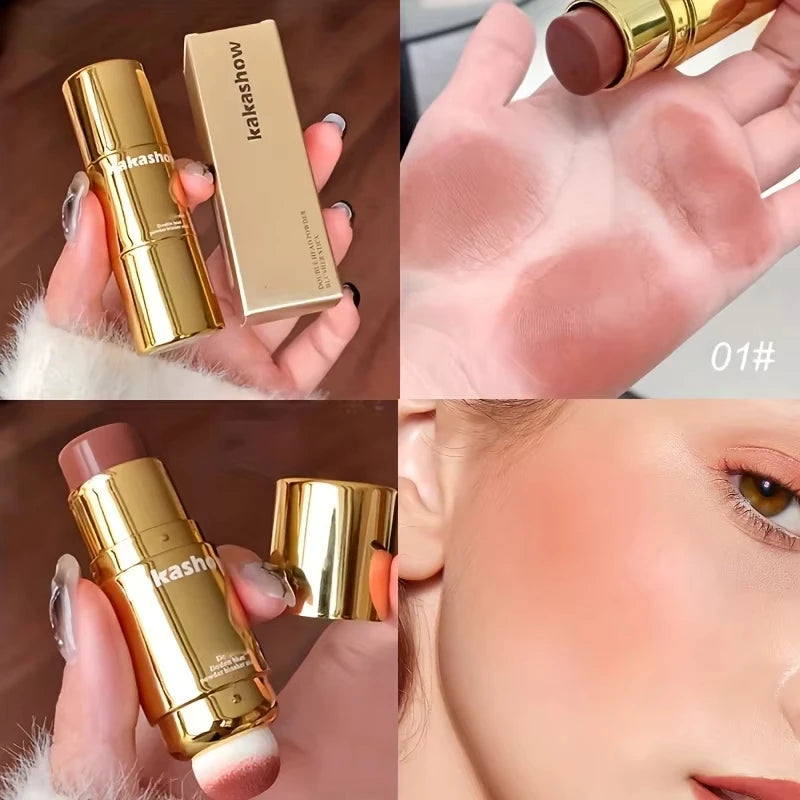 Dual-Ended Cream Blush Stick with Sponge Blender - Long-Lasting Multi-Use Cheek Tint