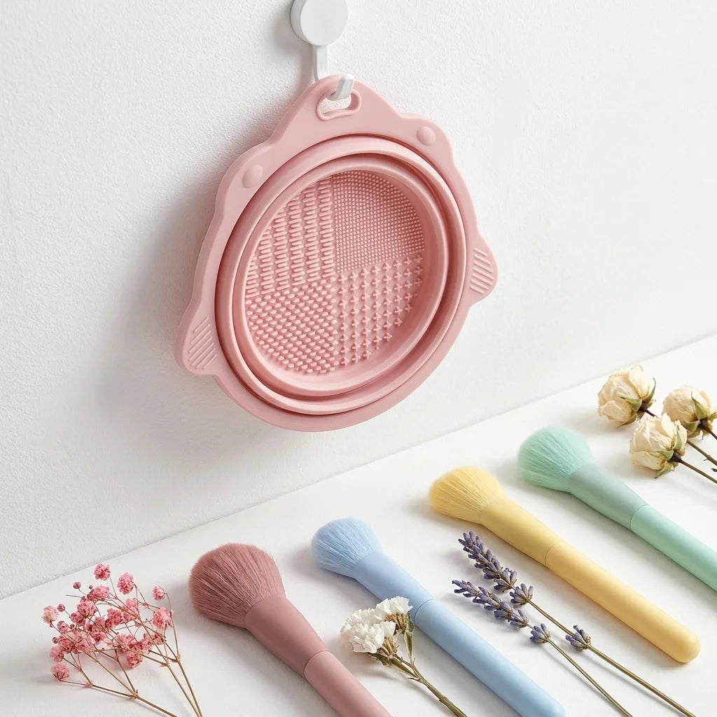 Makeup Brush Cleaner Bowl Set - Gentle Bristle Cleaning Mat for Brushes & Powder Puffs