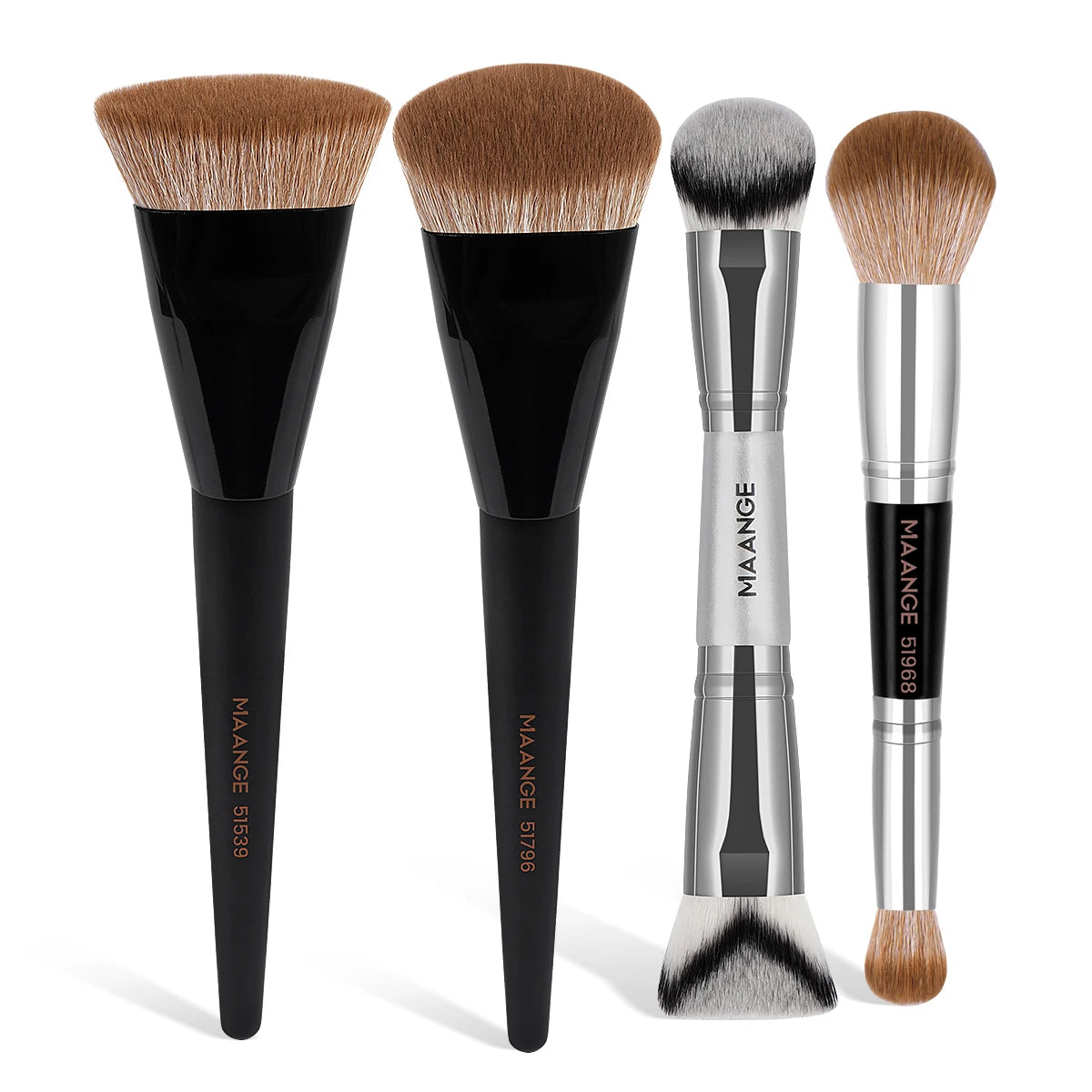 MAANGE 4pcs Makeup Brushes: 2x Dual-Ended Blush & 2x Flat Top Angled Foundation Brush Kit